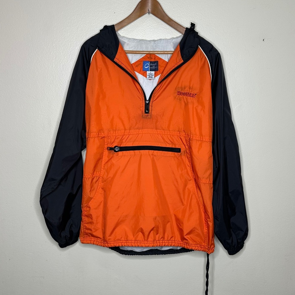 Vintage Hooters Windbreaker Orange Anorak Quarter Zip Hooded Nylon sz Small